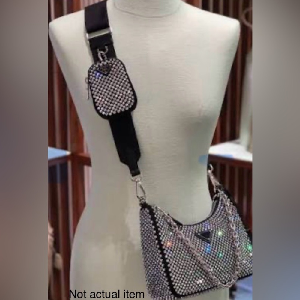 🪩 Prada logo Crystal embellished nylon reedition bag + pouch strap chain & tag!